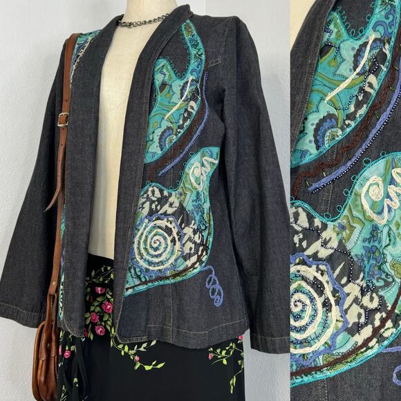 NWT QVC Open Front Jean Jacket Beaded Embellished Boho Fairycore Size Medium - Picture 1 of 9